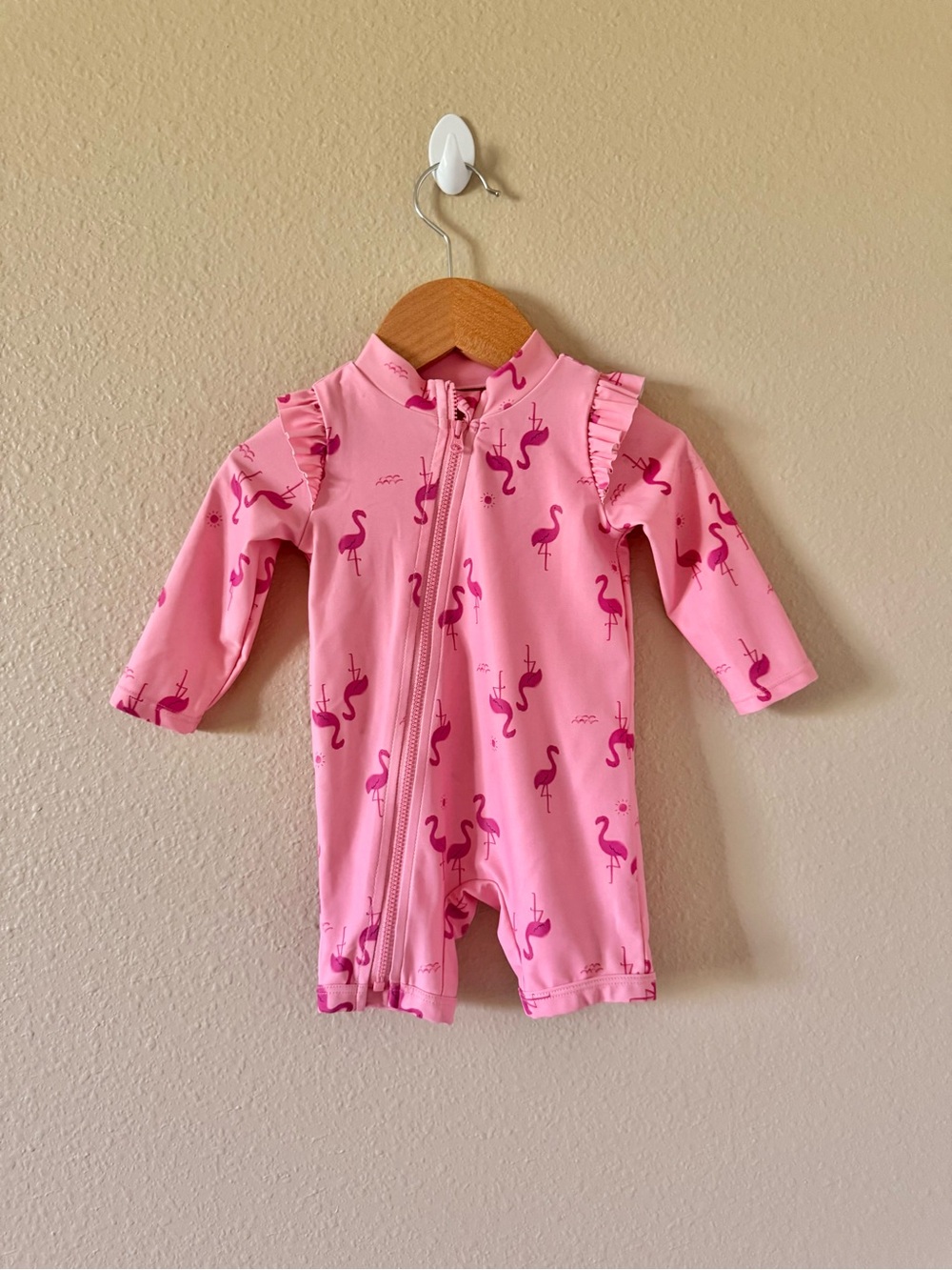 Carter's Pink Flamingo Long-Sleeve Zip Swim Romper - rashguard Size 3-6m